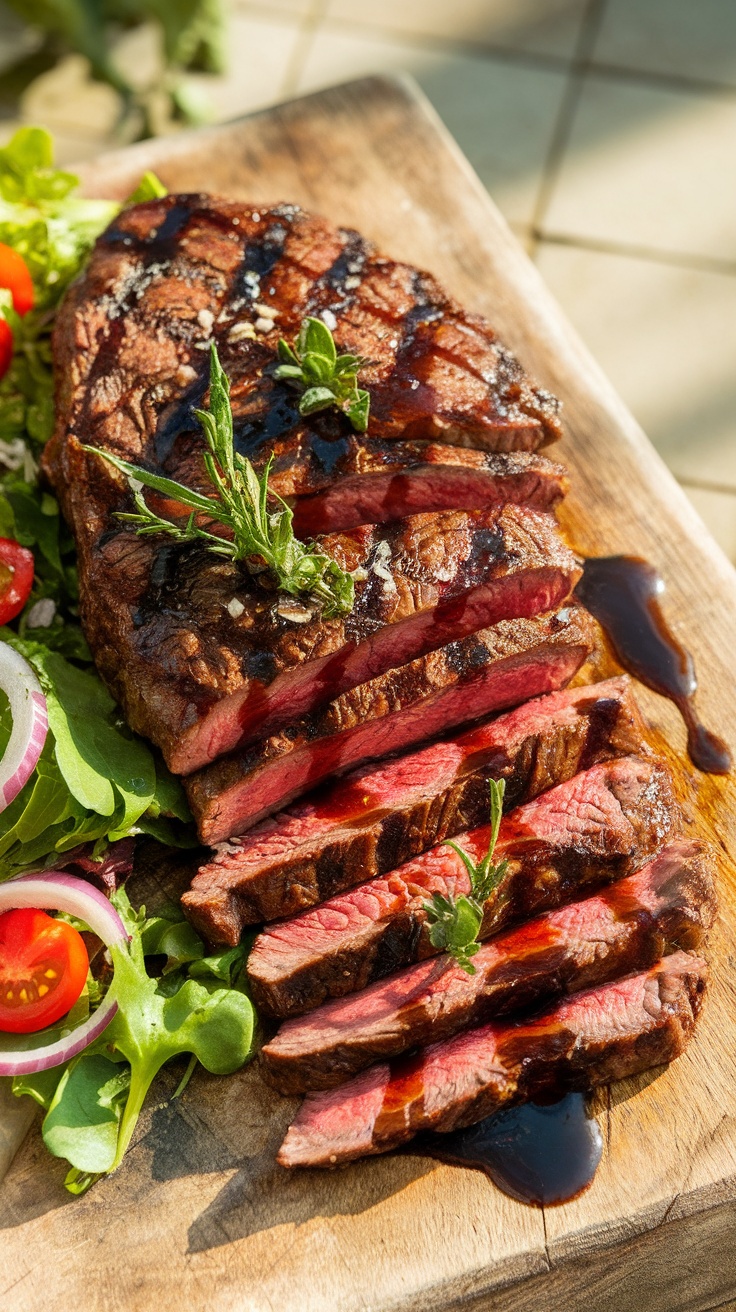 Grilled balsamic marinated flank steak sliced on a wooden board, with fresh salad and balsamic glaze.